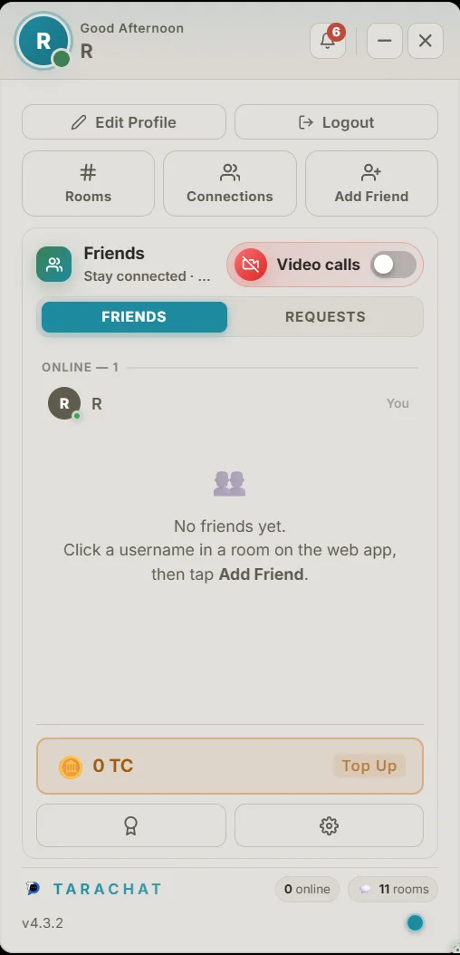 The TaraChat home window with Rooms, Connections and Add Friend buttons, the friends list and a TC Coins balance with Top Up