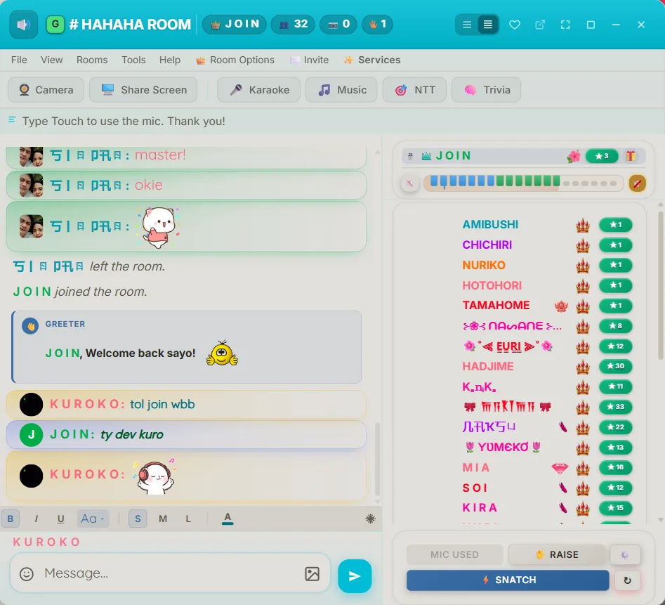 A TaraChat voice room: chat with stickers on the left, the member list with crowns and badges on the right, and Raise / Snatch mic controls