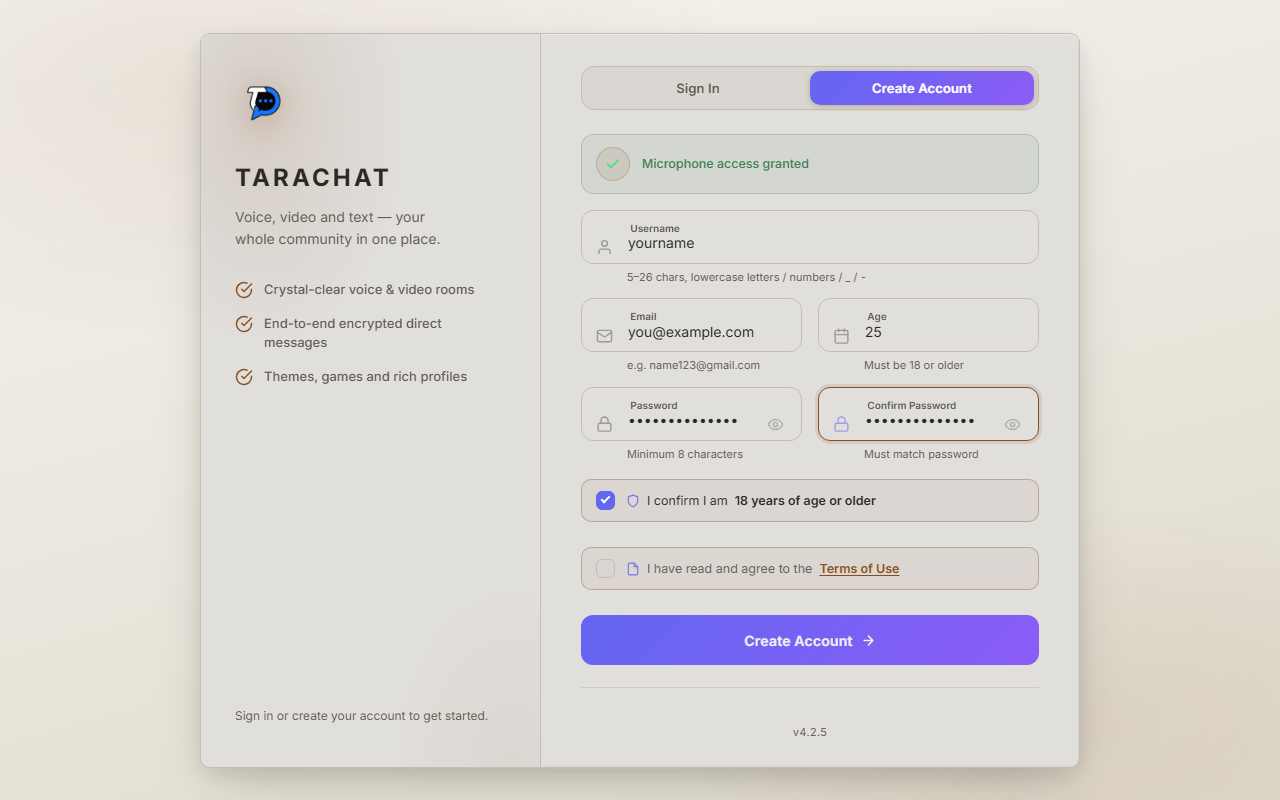 The Create Account form filled in with a username, email, age and password