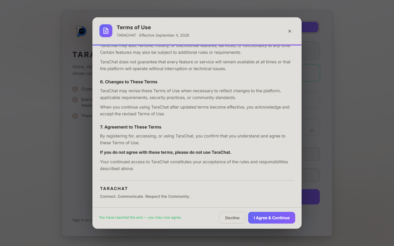 The Terms of Use pop-up scrolled to the bottom, showing the I Agree and Continue button