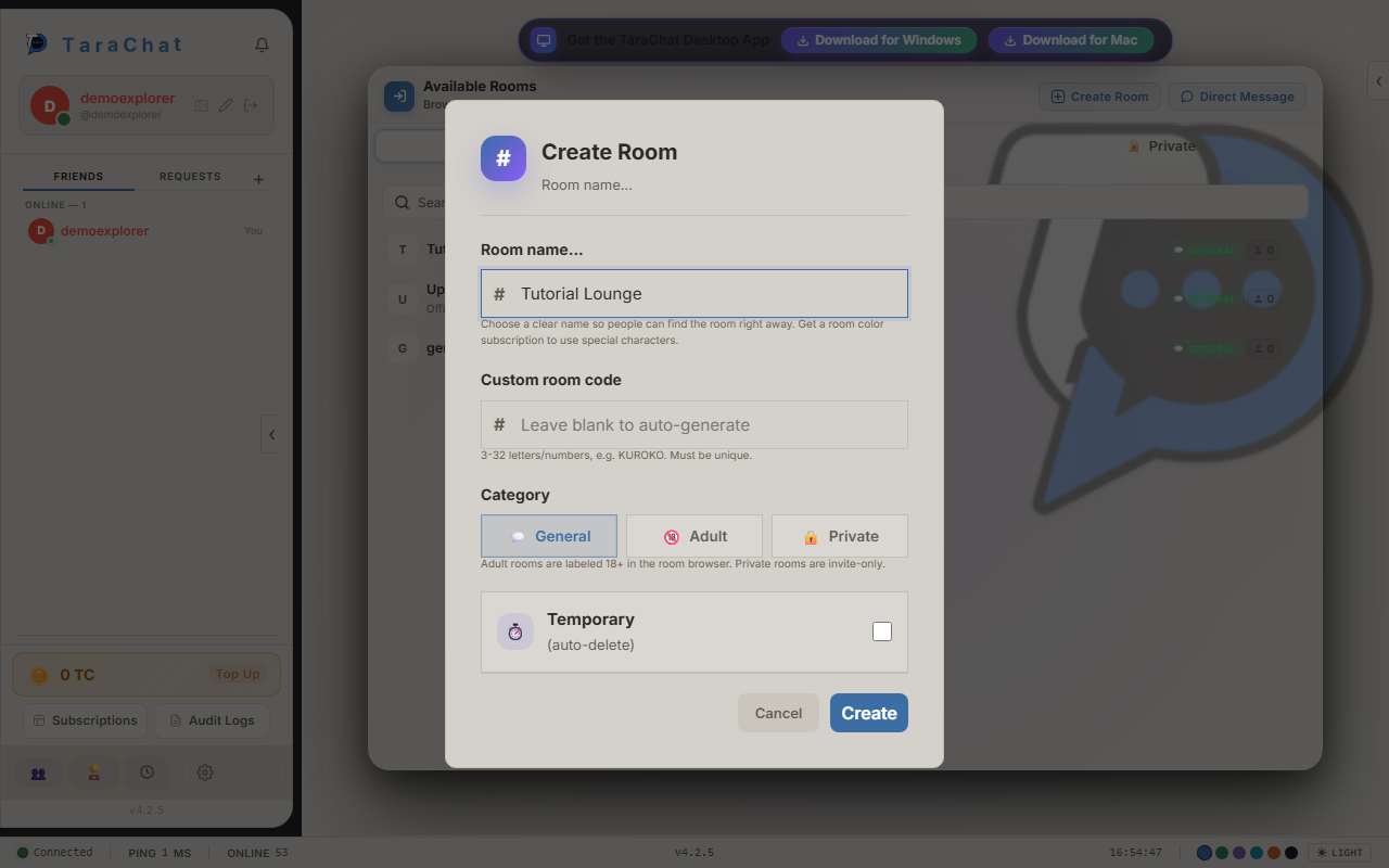 The Create Room pop-up with a room name typed in and the General category selected