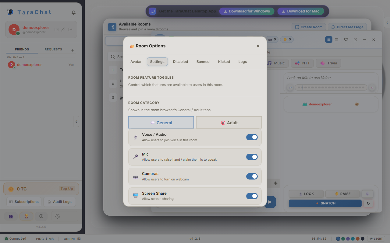 The Room Options Settings tab showing toggle switches for Voice/Audio, Mic, Cameras, and Screen Share