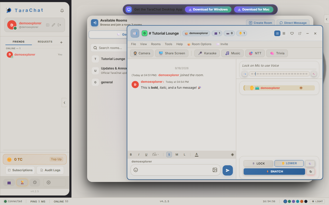 The voice panel showing a raised hand icon next to a user's name after clicking Raise Hand