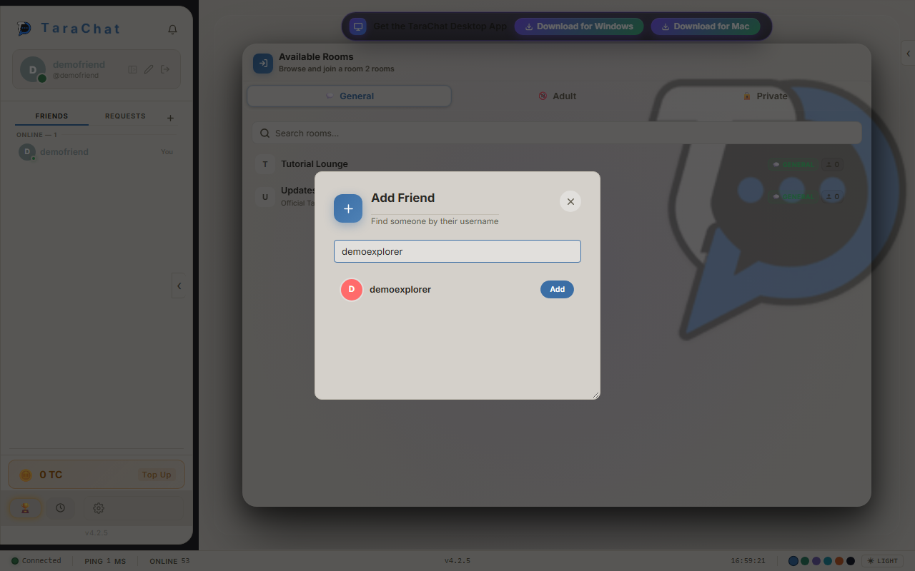 The Add Friend search box with a search result showing an Add button