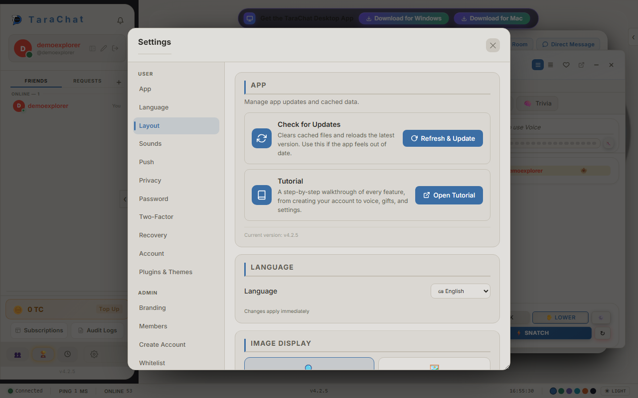 The Settings window open showing the App section with a Tutorial link and version number
