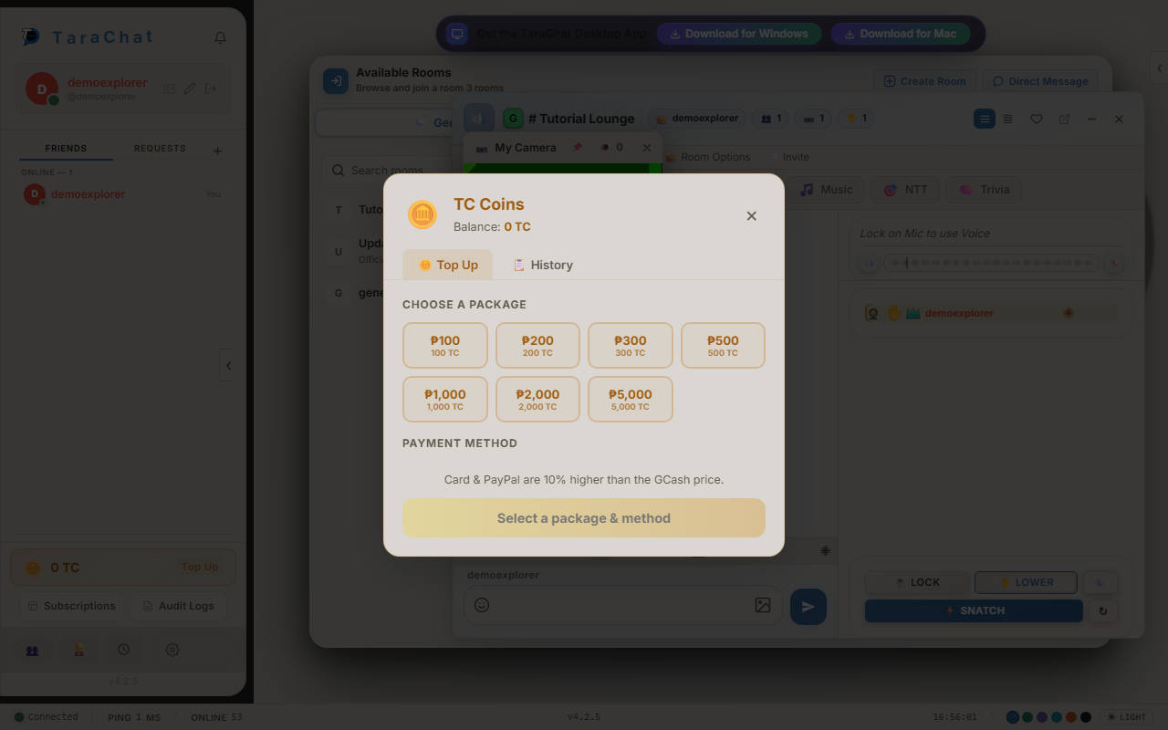 The TC Coins Top Up window showing coin packages and payment methods